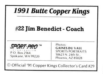 1991 Sport Pro Butte Copper Kings #29 Jim Benedict Back