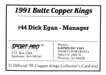 1991 Sport Pro Butte Copper Kings #30 Dick Egan Back