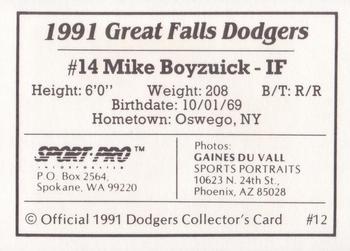 1991 Sport Pro Great Falls Dodgers #12 Mike Boyzuick Back
