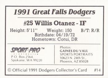 1991 Sport Pro Great Falls Dodgers #14 Willis Otanez Back
