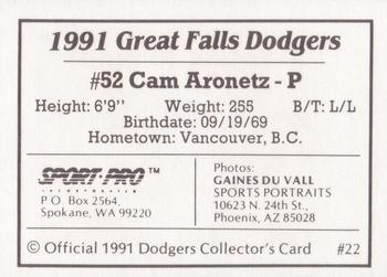1991 Sport Pro Great Falls Dodgers #22 Cam Aronetz Back