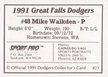 1991 Sport Pro Great Falls Dodgers #23 Mike Walkden Back