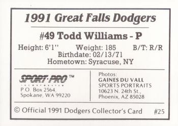1991 Sport Pro Great Falls Dodgers #25 Todd Williams Back