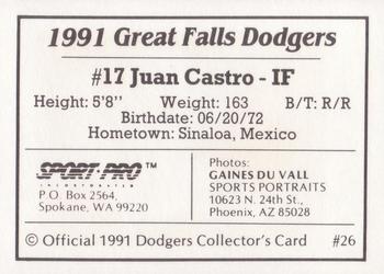 1991 Sport Pro Great Falls Dodgers #26 Juan Castro Back