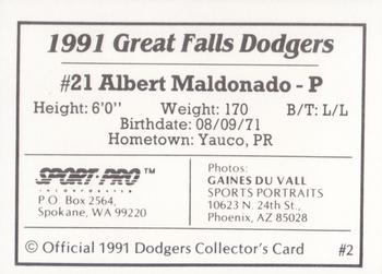 1991 Sport Pro Great Falls Dodgers #2 Albert Maldonado Back