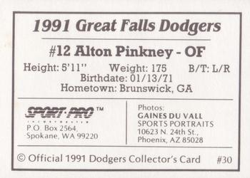 1991 Sport Pro Great Falls Dodgers #30 Alton Pinkney Back