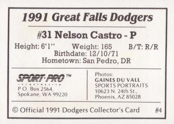 1991 Sport Pro Great Falls Dodgers #4 Nelson Castro Back