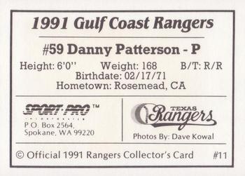 1991 Sport Pro Gulf Coast Rangers #11 Danny Patterson Back