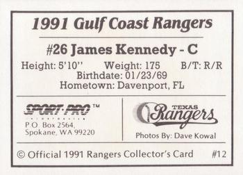 1991 Sport Pro Gulf Coast Rangers #12 James Kennedy Back