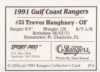 1991 Sport Pro Gulf Coast Rangers #14 Trevor Haughney Back