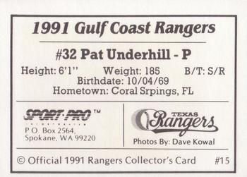 1991 Sport Pro Gulf Coast Rangers #15 Pat Underhill Back