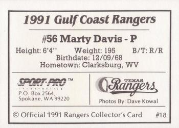 1991 Sport Pro Gulf Coast Rangers #18 Marty Davis Back