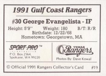 1991 Sport Pro Gulf Coast Rangers #19 George Evangelista Back