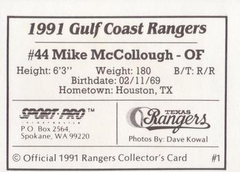 1991 Sport Pro Gulf Coast Rangers #1 Mike McCollough Back