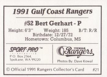 1991 Sport Pro Gulf Coast Rangers #21 Bert Gerhart Back