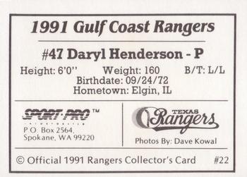 1991 Sport Pro Gulf Coast Rangers #22 Daryl Henderson Back