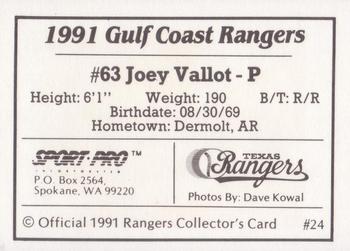 1991 Sport Pro Gulf Coast Rangers #24 Joey Vallot Back