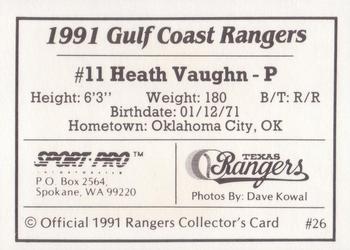 1991 Sport Pro Gulf Coast Rangers #26 Heath Vaughn Back