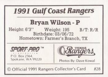 1991 Sport Pro Gulf Coast Rangers #28 Bryan Wilson Back