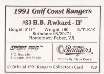 1991 Sport Pro Gulf Coast Rangers #29 H.B. Awkard Back