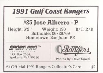 1991 Sport Pro Gulf Coast Rangers #2 Jose Alberro Back