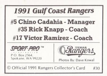 1991 Sport Pro Gulf Coast Rangers #30 Chino Cadahia / Rick Knapp / Victor Ramirez Back