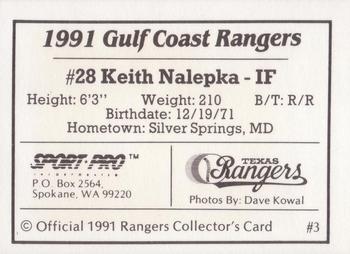1991 Sport Pro Gulf Coast Rangers #3 Keith Nalepka Back