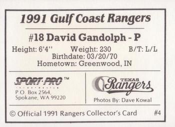 1991 Sport Pro Gulf Coast Rangers #4 David Gandolph Back