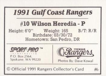 1991 Sport Pro Gulf Coast Rangers #6 Wilson Heredia Back