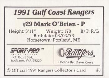 1991 Sport Pro Gulf Coast Rangers #8 Mark O'Brien Back