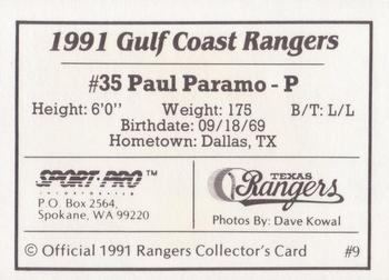 1991 Sport Pro Gulf Coast Rangers #9 Paul Paramo Back