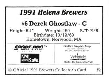 1991 Sport Pro Helena Brewers #2 Derek Ghostlaw Back