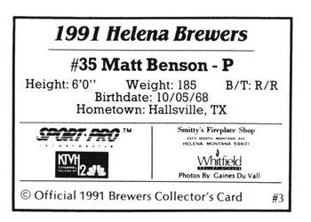1991 Sport Pro Helena Brewers #3 Matt Benson Back