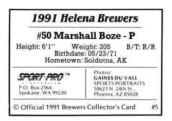 1991 Sport Pro Helena Brewers #5 Marshall Boze Back
