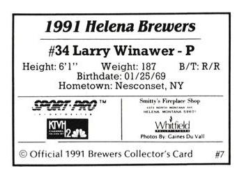 1991 Sport Pro Helena Brewers #7 Larry Winawer Back
