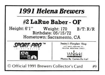 1991 Sport Pro Helena Brewers #9 LaRue Baber Back