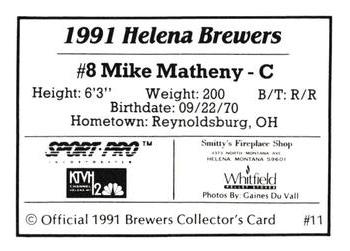 1991 Sport Pro Helena Brewers #11 Mike Matheny Back