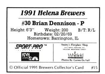 1991 Sport Pro Helena Brewers #15 Brian Dennison Back