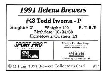 1991 Sport Pro Helena Brewers #17 Todd Iwema Back