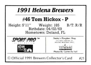 1991 Sport Pro Helena Brewers #21 Tom Hickox Back