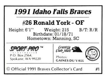 1991 Sport Pro Idaho Falls Braves #1 Ronald York Back
