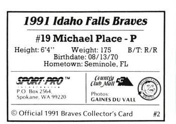 1991 Sport Pro Idaho Falls Braves #2 Michael Place Back