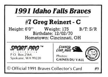 1991 Sport Pro Idaho Falls Braves #9 Greg Reinert Back