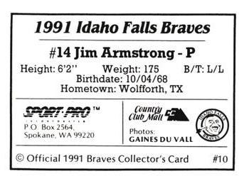1991 Sport Pro Idaho Falls Braves #10 Jim Armstrong Back