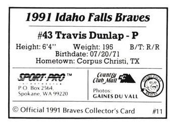 1991 Sport Pro Idaho Falls Braves #11 Travis Dunlap Back