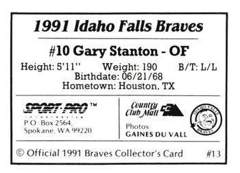 1991 Sport Pro Idaho Falls Braves #13 Gary Stanton Back