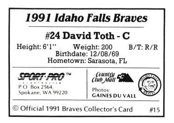 1991 Sport Pro Idaho Falls Braves #15 David Toth Back