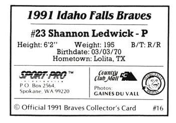 1991 Sport Pro Idaho Falls Braves #16 Shannon Ledwick Back