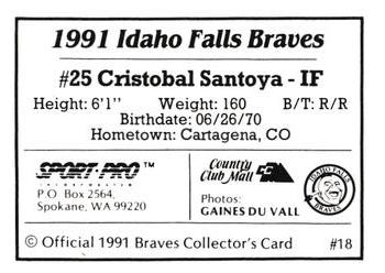 1991 Sport Pro Idaho Falls Braves #18 Cristobal Santoya Back