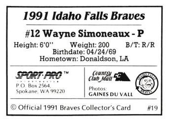 1991 Sport Pro Idaho Falls Braves #19 Wayne Simoneaux Back